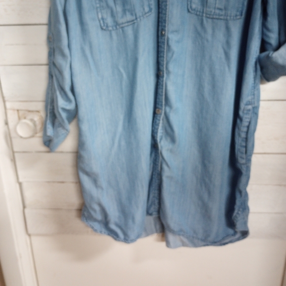 Philosophy Women's Size XL Blue Denim Long Shirt Dress Roll Tab Sleeve Pockets - Picture 10 of 15